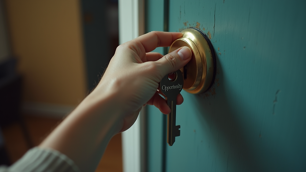 High angle view of a person unlocking a door with a key labeled 'Opportunity'