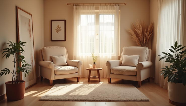 Eye-level view of a calm therapy room with soft lighting and comfortable chairs