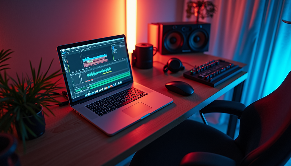 High angle view of a recording artist working with headphones in a home studio