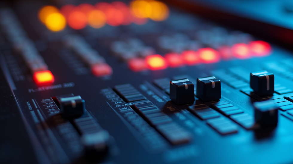 Close-up view of a mixing console with colorful sound levels