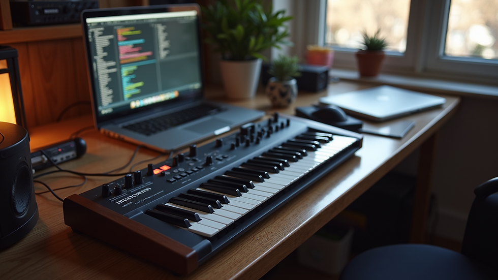 High angle view of a MIDI keyboard and laptop in a home studio