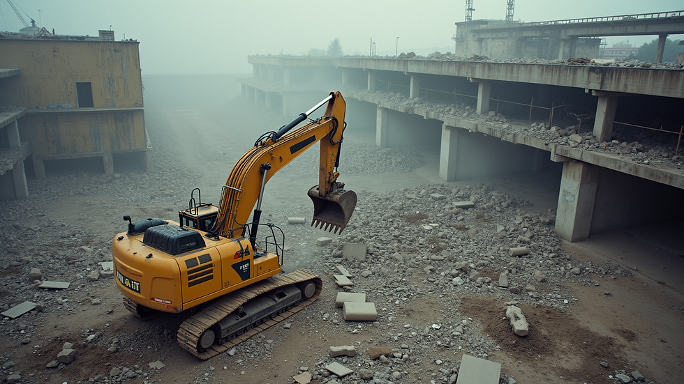 High angle view of a demolition site with heavy machinery