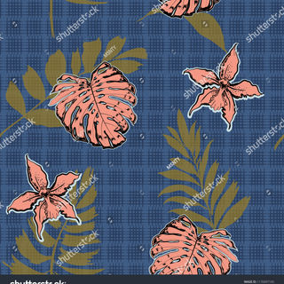 stock-vector-trendy-pink-tropical-palm-and-leaves-orchid-flowers-on-hand-drawn-grid-textur