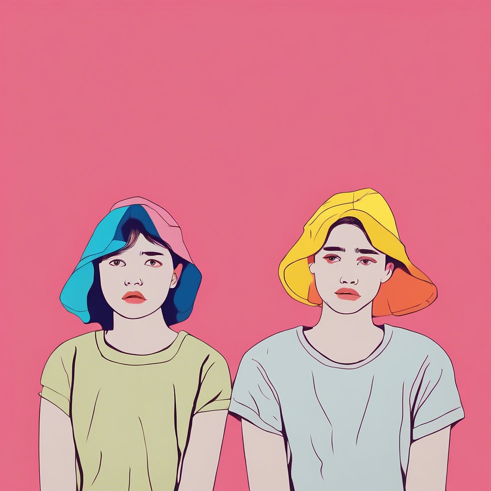 Two people in colorful hats, one in blue-pink, the other in yellow-orange, against a pink background. Both have neutral expressions.