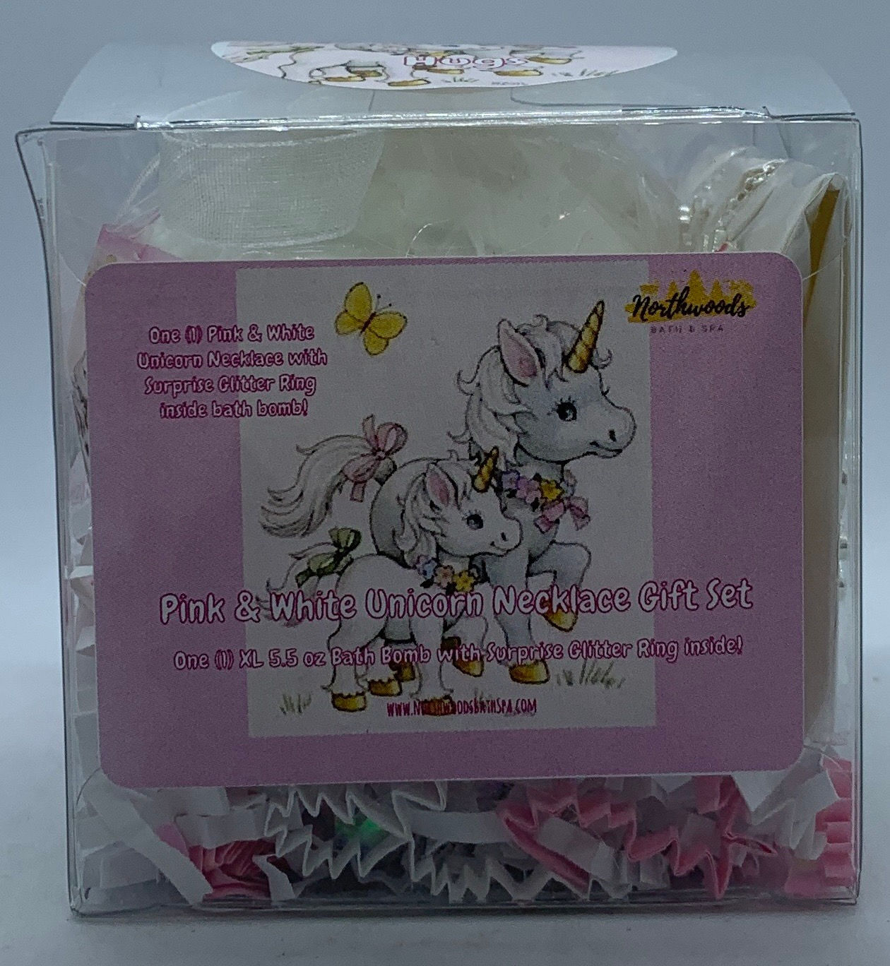 Pink & White Unicorn Necklace & Earrings 5.5 oz Bath Bomb Gift Set (Hugs/Silver)