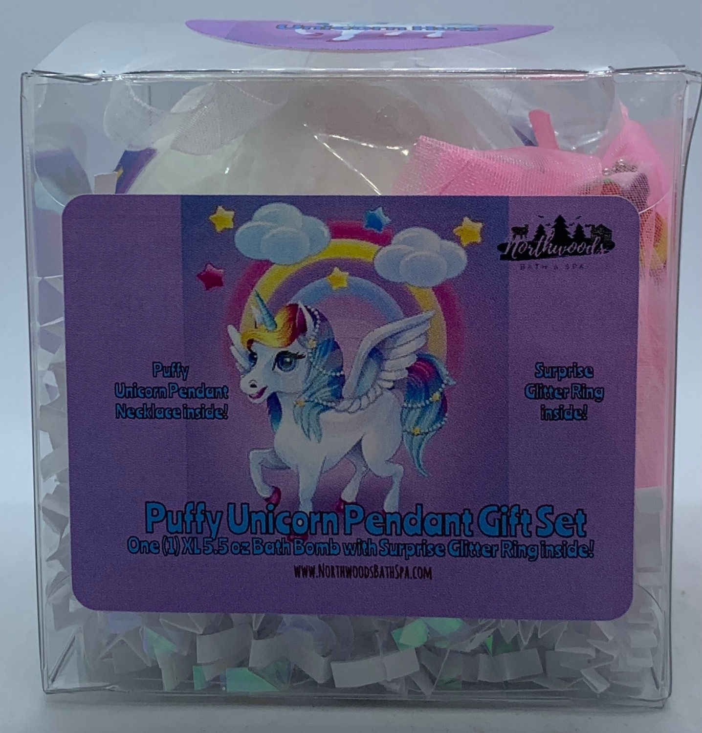 Puffy Unicorn Pendant Necklace 5.5 oz Bath Bomb Gift Set (Pink/Hugs)
