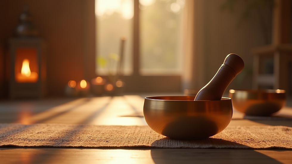 Eye-level view of a serene sound healing space with singing bowls