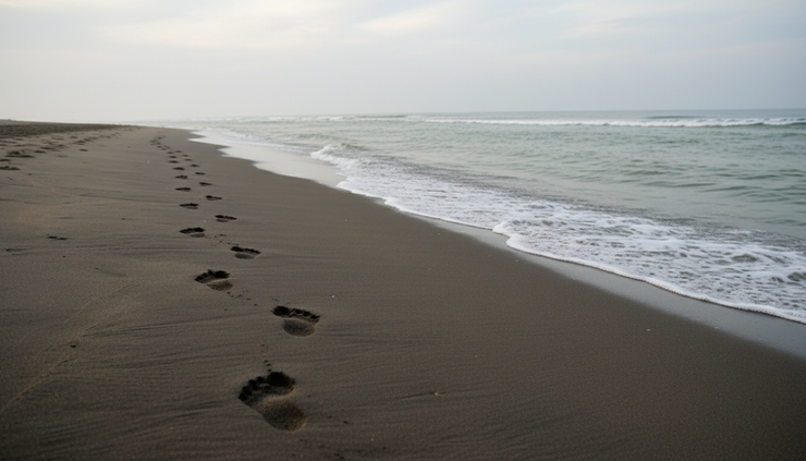 Low-angle view of footprints leading across smooth wet beach sand near the water