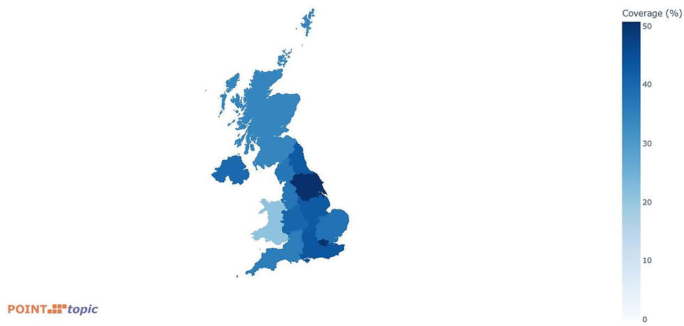 Percentage of premises passed by UK region by fixed (native) FTTP alternative networks, end 2024, Source: Point Topic