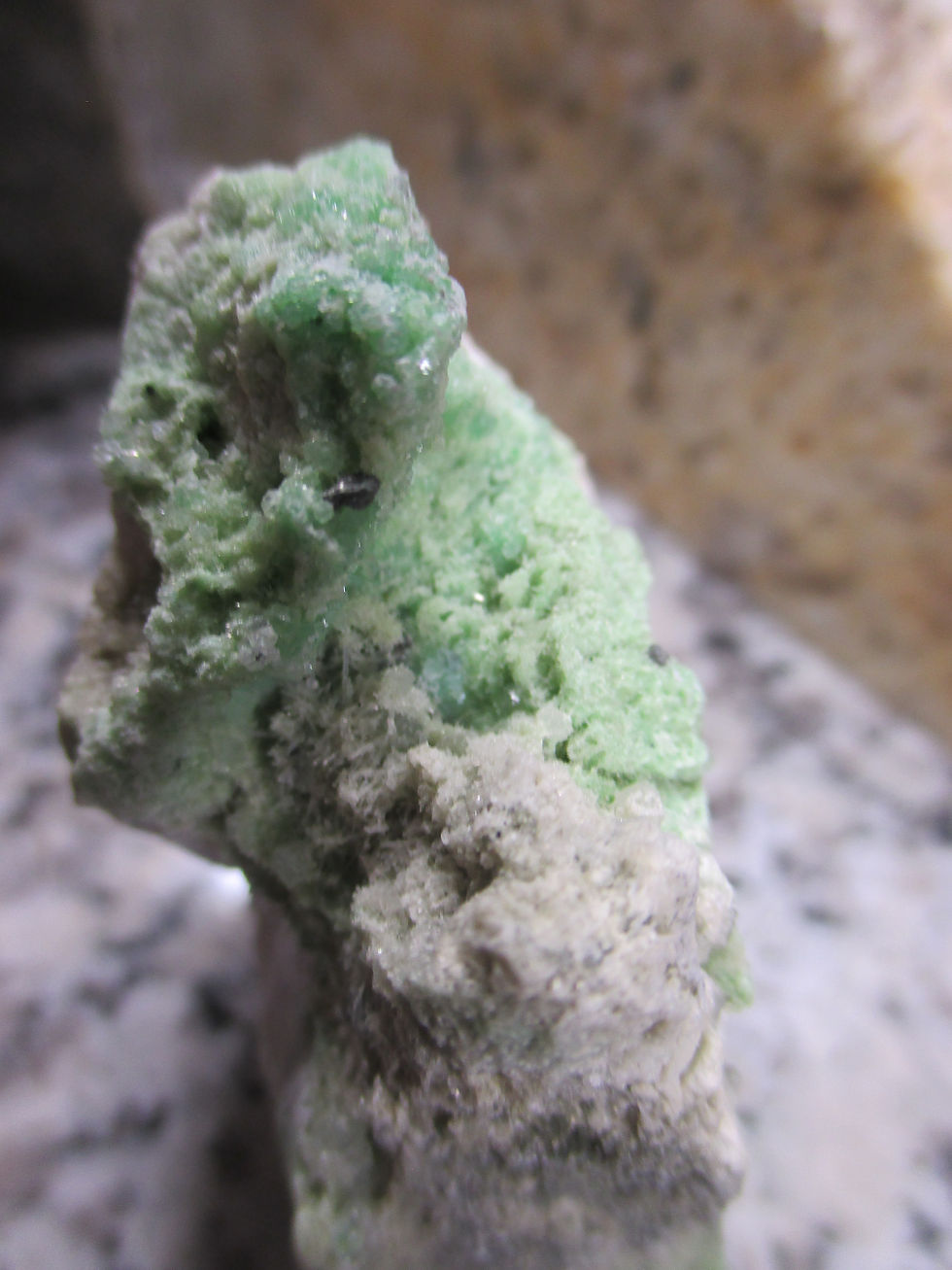 Miniature : Montmorillonite, Mica et Grenat, Pectolite sur support