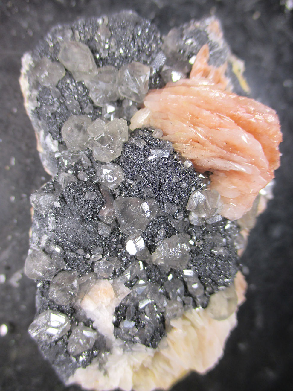 Miniature : Cerusite (fluorescente jaune) et Baryte sur Galène, Mibladen, Maroc