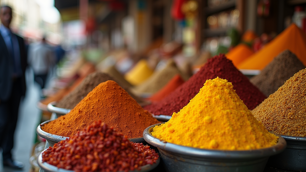 Eye-level view of a traditional market stall filled with colorful spices