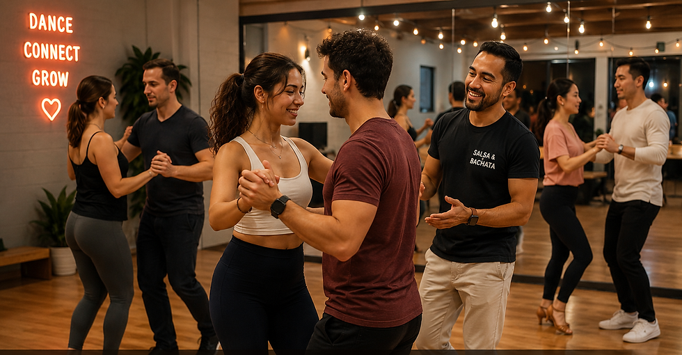 Beginner salsa and bachata students practicing partner dancing in a supportive weekly dance practice session.