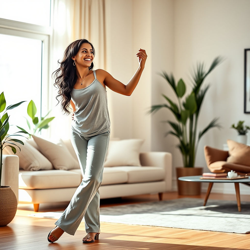 Woman practicing salsa steps and counting the beat in her living room.