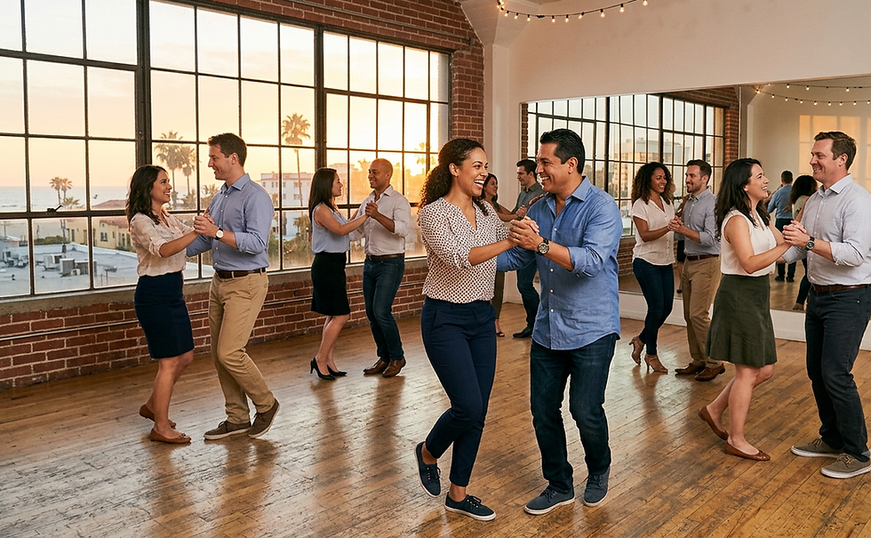 Beginners learning salsa together at an after-work dance class on the Westside of Los Angeles.