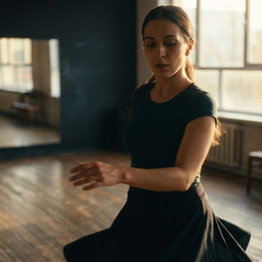 Dancer practicing a controlled salsa spin on a wooden dance floor with soft studio lighting