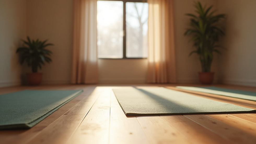 Eye-level view of a cozy yoga studio with mats neatly arranged