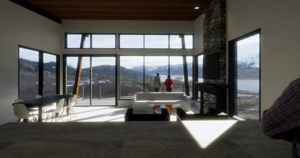 3D rendering, interior view from inside a custom home in the Okanagan