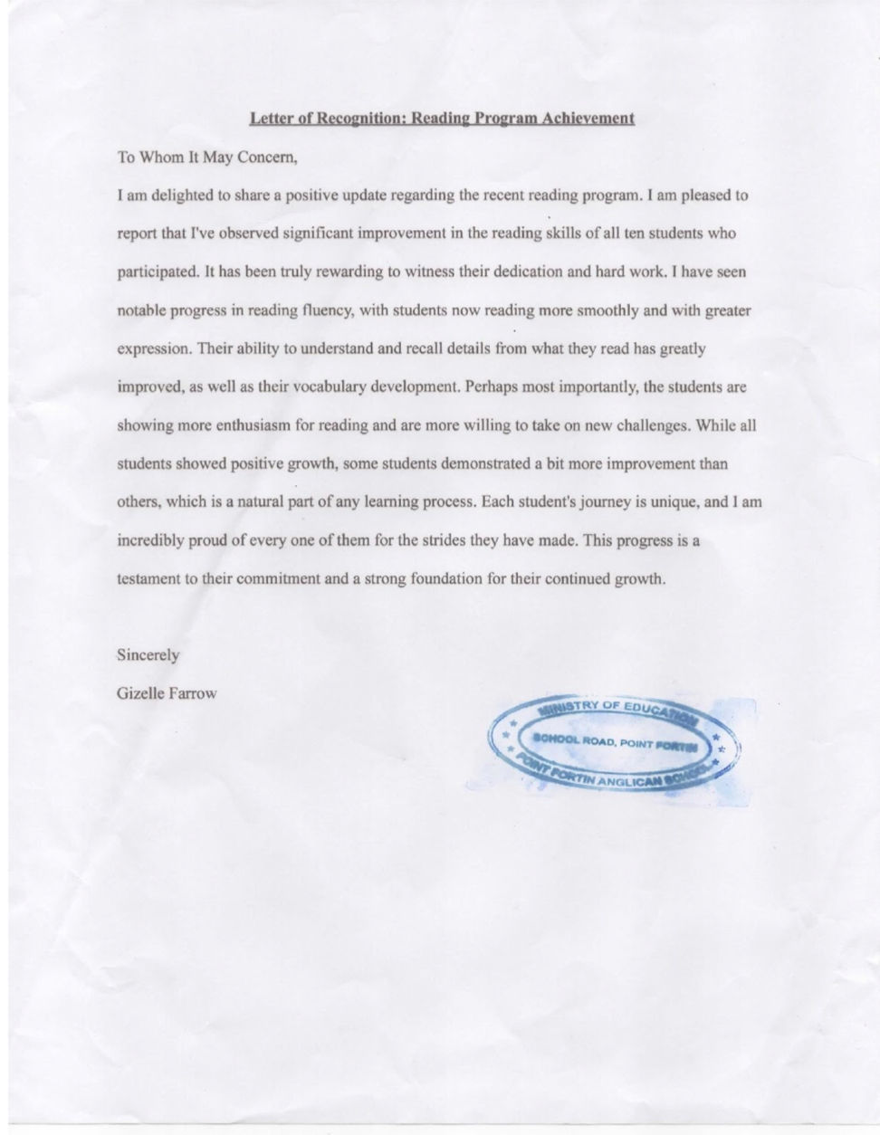 Letter recognizing students' reading achievements. Text praises progress in fluency, enthusiasm, and vocabulary. Signed by Gizelle Farrow.
