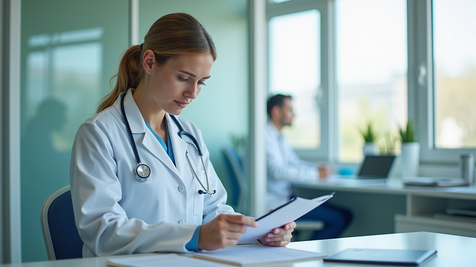 Close-up view of a healthcare professional reviewing patient notes in a bright clinic room