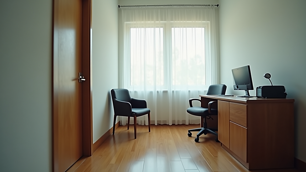 Eye-level view of a counselor’s office with a chair and desk