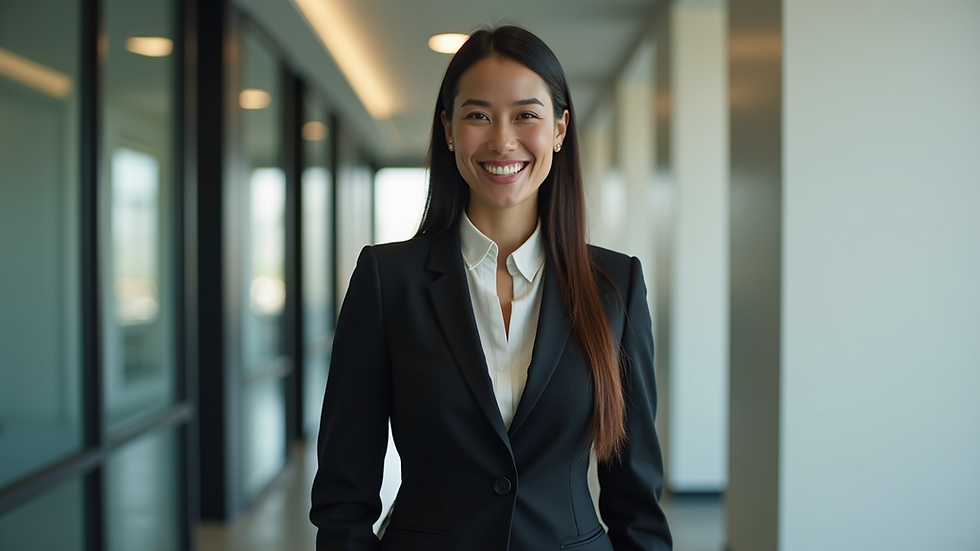 Eye-level view of a professional woman in a tailored suit, smiling confidently