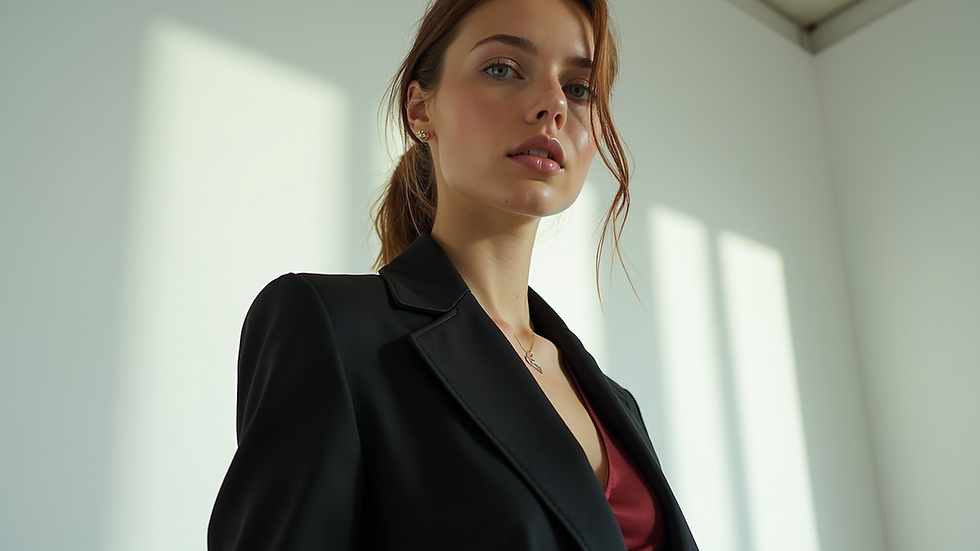 Eye-level view of a model wearing a stylish outfit in a bright studio