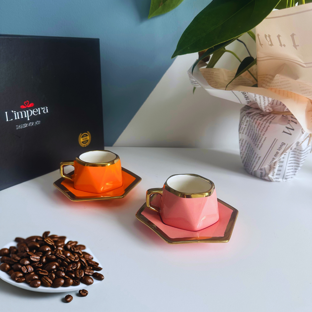 L'impera Premium 2'li Venedik Serisi Türk Kahvesi Fincan Takımı (Pembe-Turuncu)