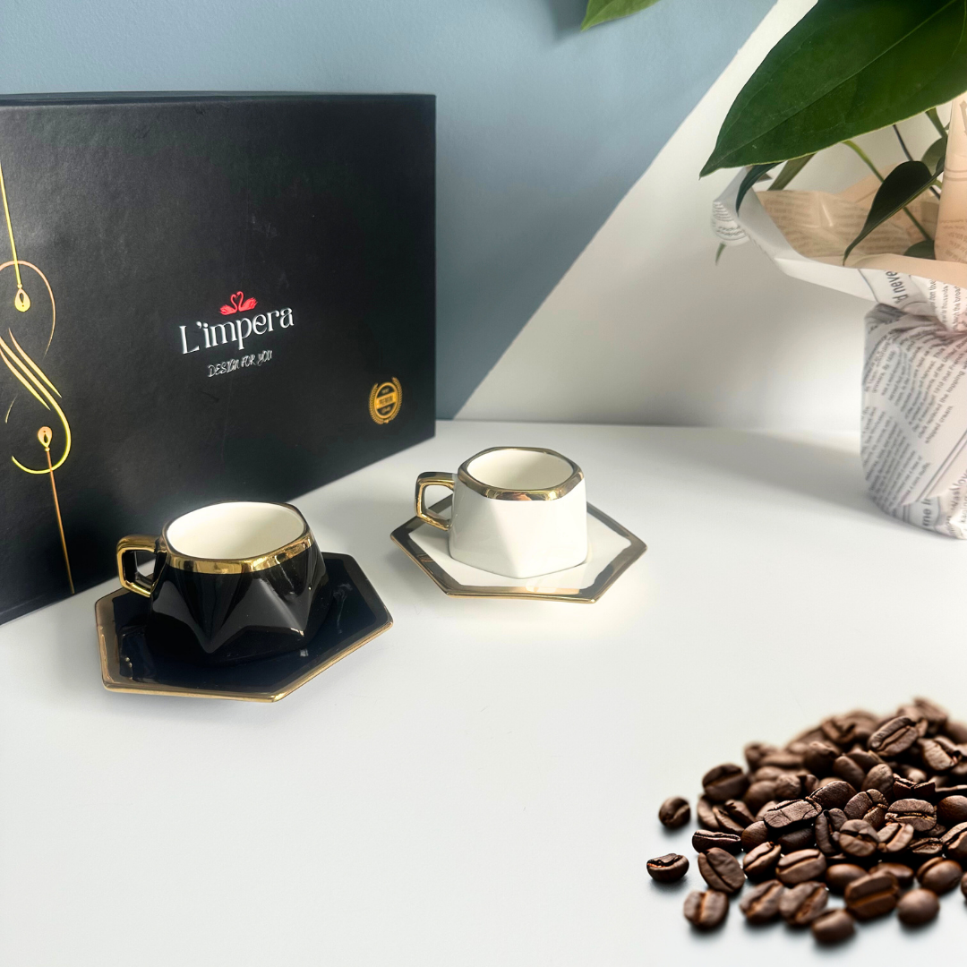 L'impera Premium 2'li Venedik Serisi Türk Kahvesi Fincan Takımı (Siyah-Beyaz)