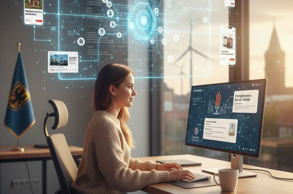 Eine junge Frau sitzt in einem modernen Büro in Niedersachsen an ihrem Schreibtisch. Sie arbeitet an einem Computer, über dem eine futuristische, leuchtende Benutzeroberfläche mit dem Titel 'MEHR KUNDEN MIT WENIGER BUDGET' schwebt. Die Grafik visualisiert Datenanalyse und personalisierte Werbung. Eine Niedersachsen-Flagge auf dem Tisch und Windräder im Hintergrund unterstreichen den regionalen Bezug des KI-gestützten Marketings für KMU