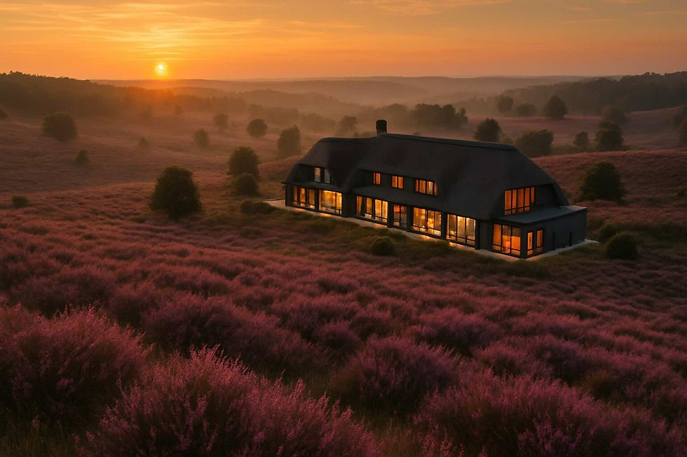 Ein luxuriöses, modernes Hotelgebäude mit dunklem Reetdach und großen, warm leuchtenden Fenstern, eingebettet in eine weite, blühende lilafarbene Heidelandschaft bei Sonnenuntergang. Sanfter Nebel liegt über den fernen Hügeln der Lüneburger Heide.