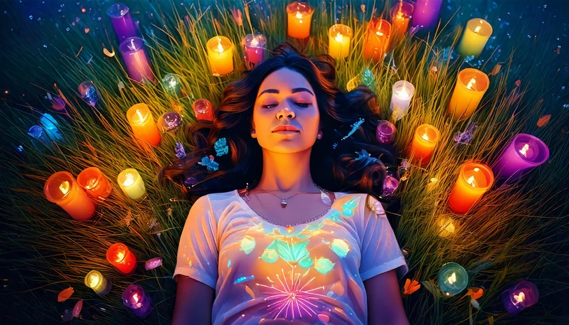 Une femme allongée dans l'herbe avec des bougies autour