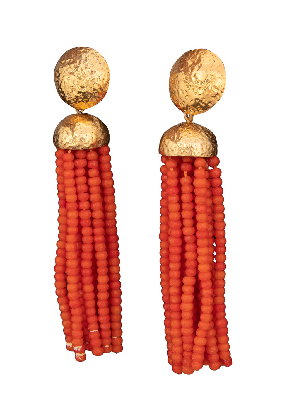 Thumbnail: Bamboo Coral Gold Hammered Tassel Earrings
