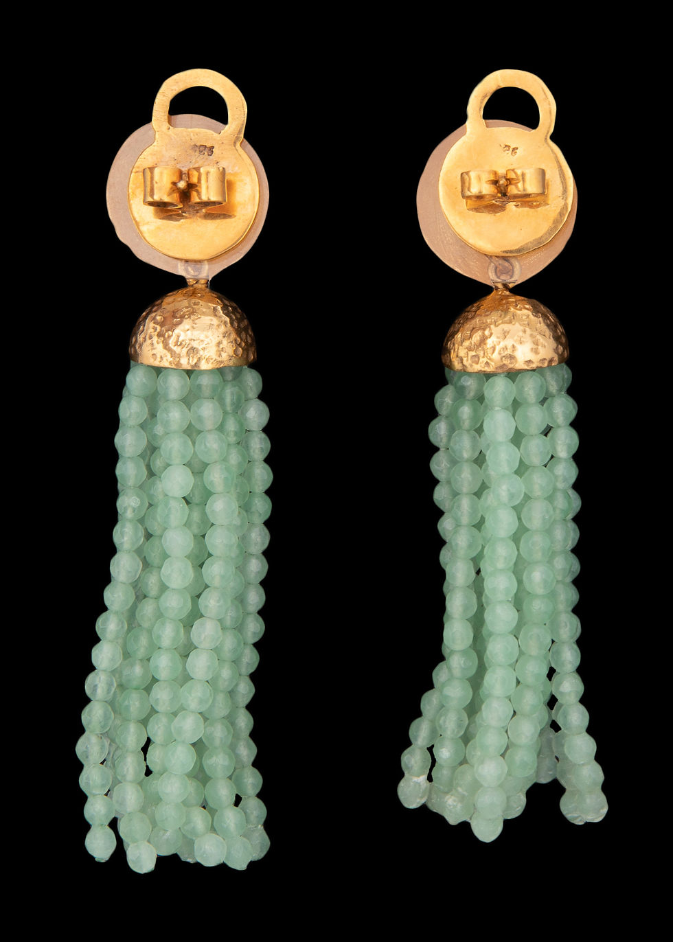 Thumbnail: Sea Green Quartz Gold Hammered Tassel Earrings