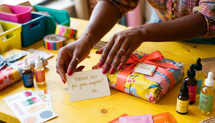 Close-up of hands placing a thank-you card beside a neatly wrapped ecommerce order