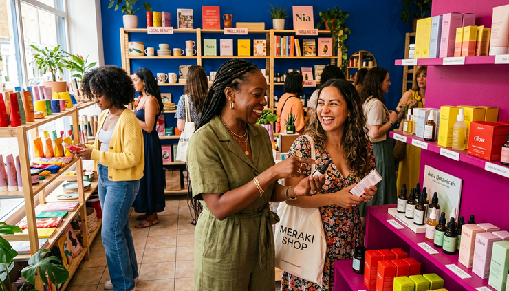 Wide-angle view of diverse shoppers browsing bright product shelves in a playful retail space