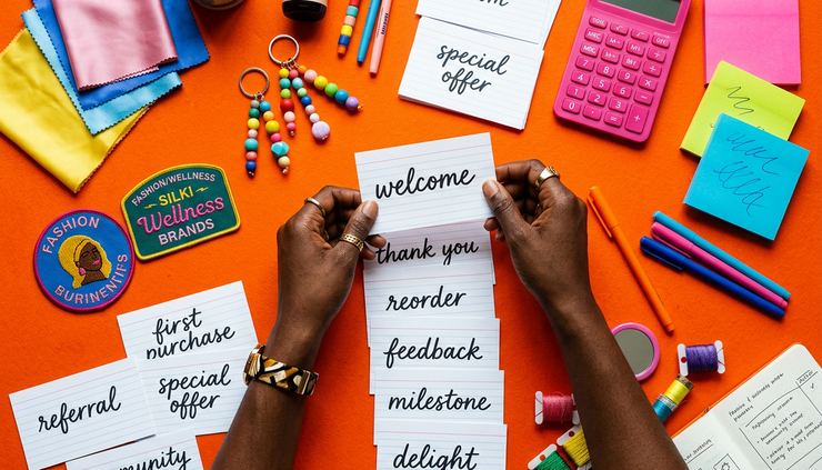 Overhead view of colorful product samples and handwritten planning cards arranged on a bright surface