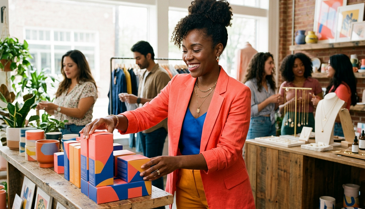 Eye-level view of a Black woman shop owner arranging colorful product boxes in a bright boutique