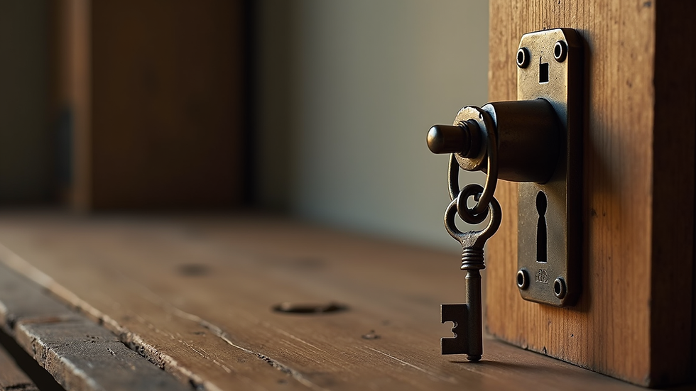 Eye-level view of an antique door lock and key set displayed on a wooden table