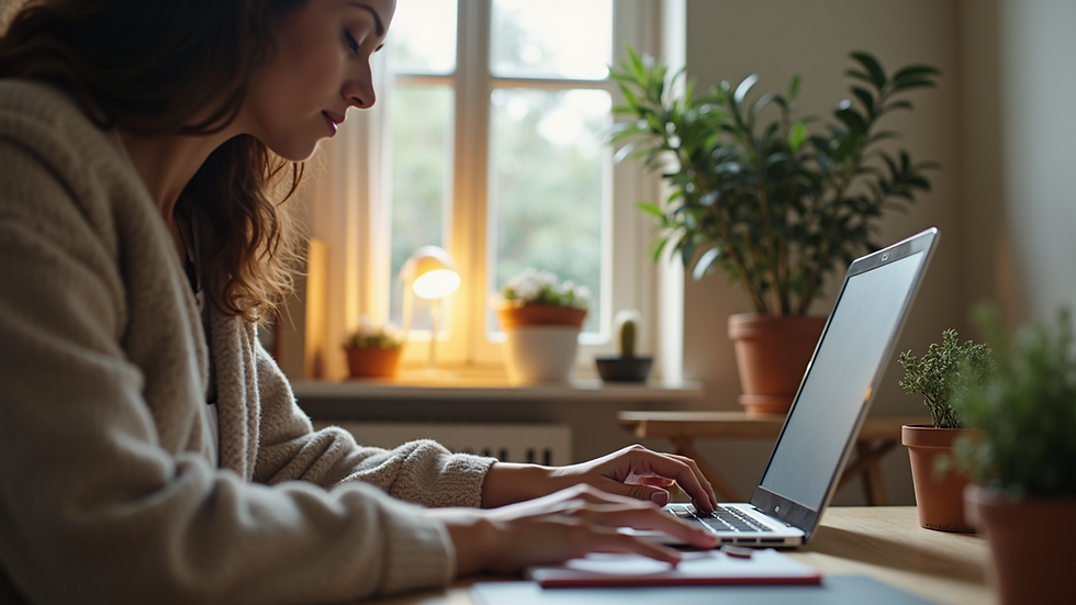 Eye-level view of a woman working on a laptop in a cozy home office