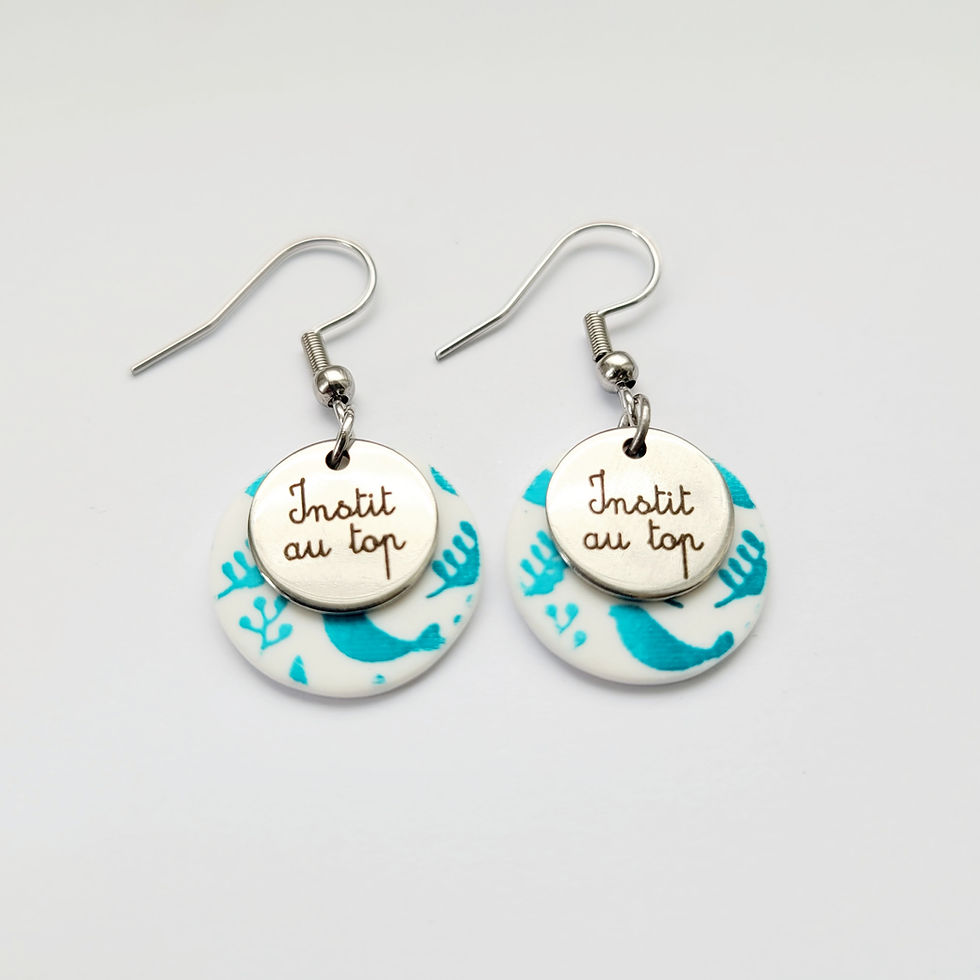 Miniature : Boucles d'oreilles Instit "Instit au top" motif blanc et turquoise