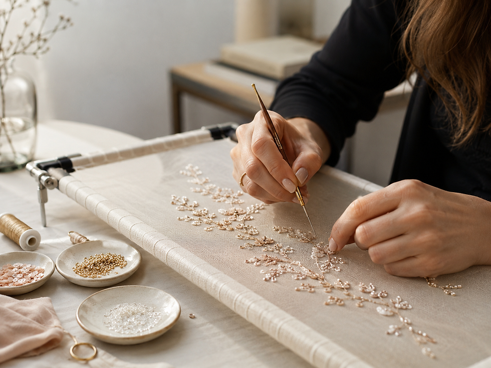 Artists hands creating Luneville emrboidery on a frame.
