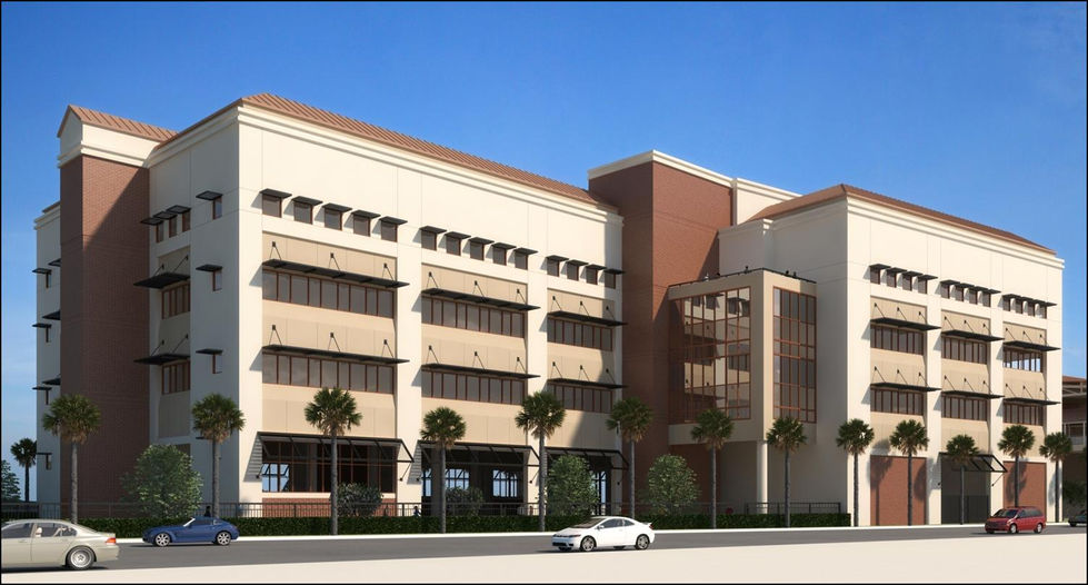 East view shows the two rotated grids that relate to the geometry of the site. The middle allows for break  area and elevator core.
Construction was steel frame with concrete panels. 