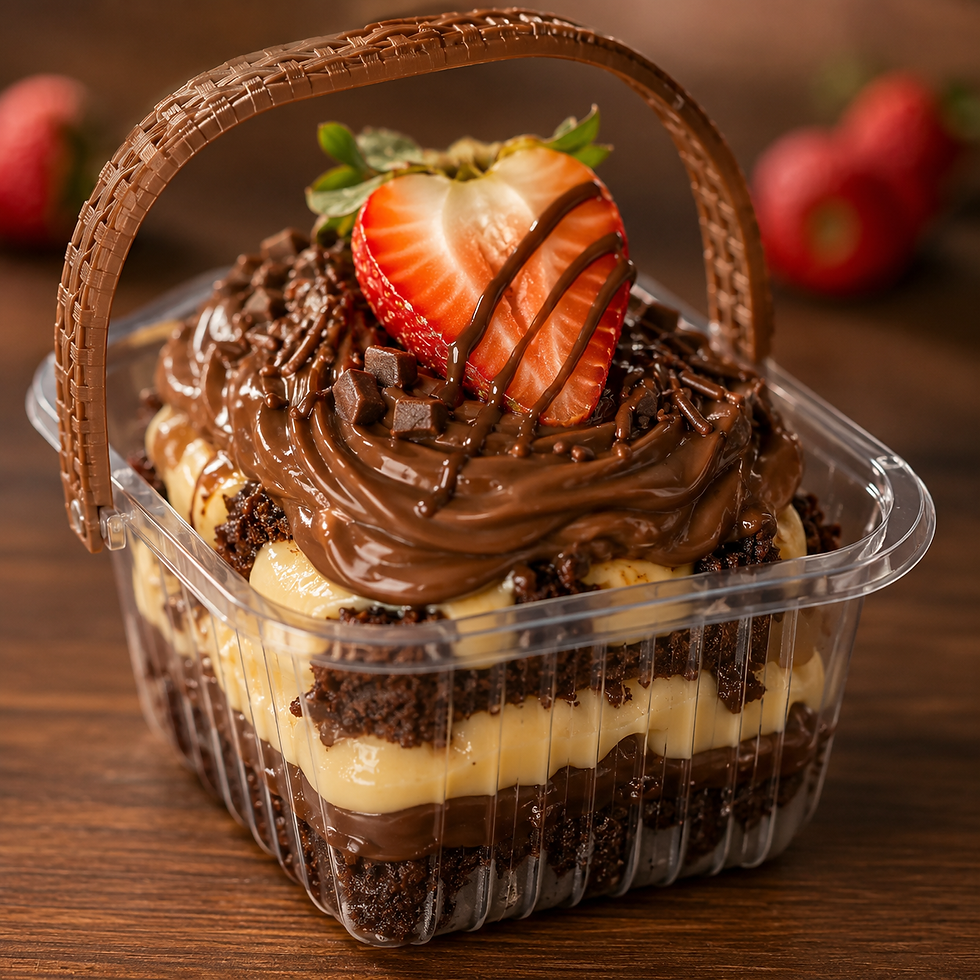 Sobremesa de chocolate gourmet com cobertura cremosa e acabamento artesanal.