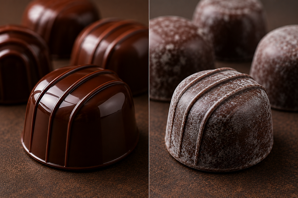 Bombons artesanais de chocolate com brilho intenso e acabamento perfeito, decorados com frutas vermelhas, ilustrando técnicas de cristalização do chocolate.