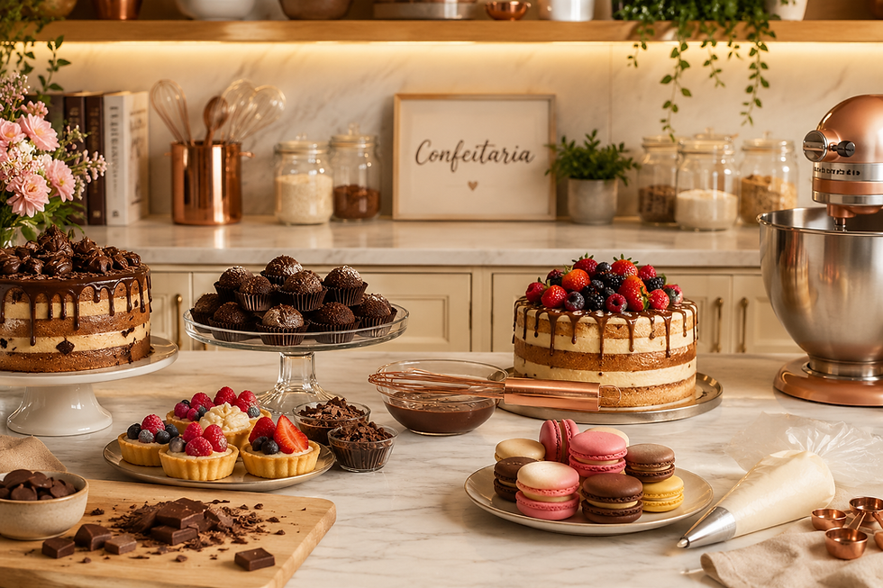 Doces finos artesanais organizados em bandeja elegante para festas, casamentos e eventos especiais.