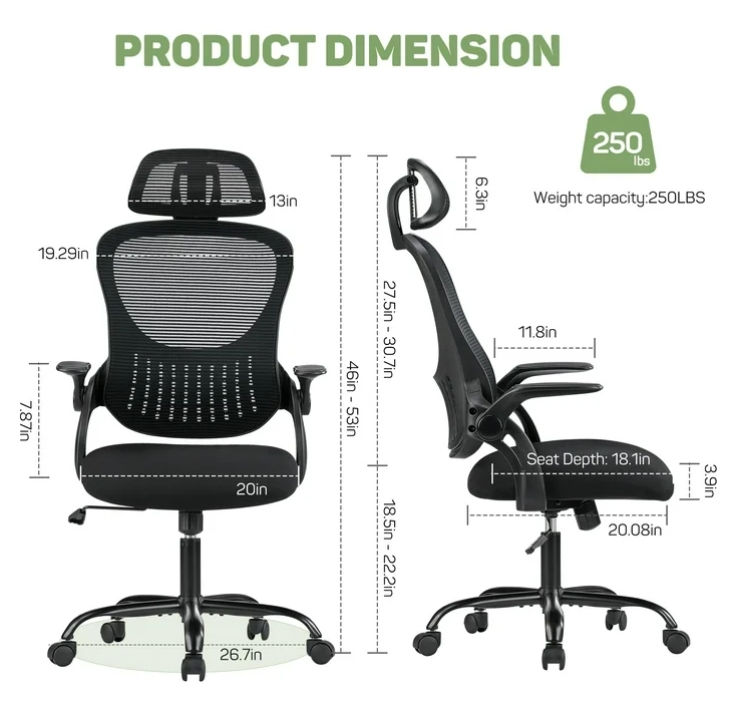 Thumbnail: Ergonomic Office Chair, High-Back Mesh Desk Chairs with Flip-up Armrest 