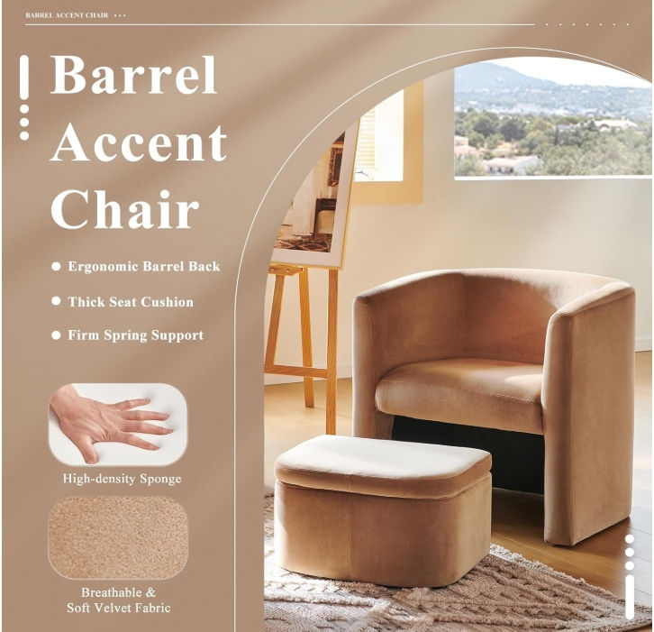 Thumbnail: Velvet Barrel Accent Chair with Storage Ottoman Set of 2