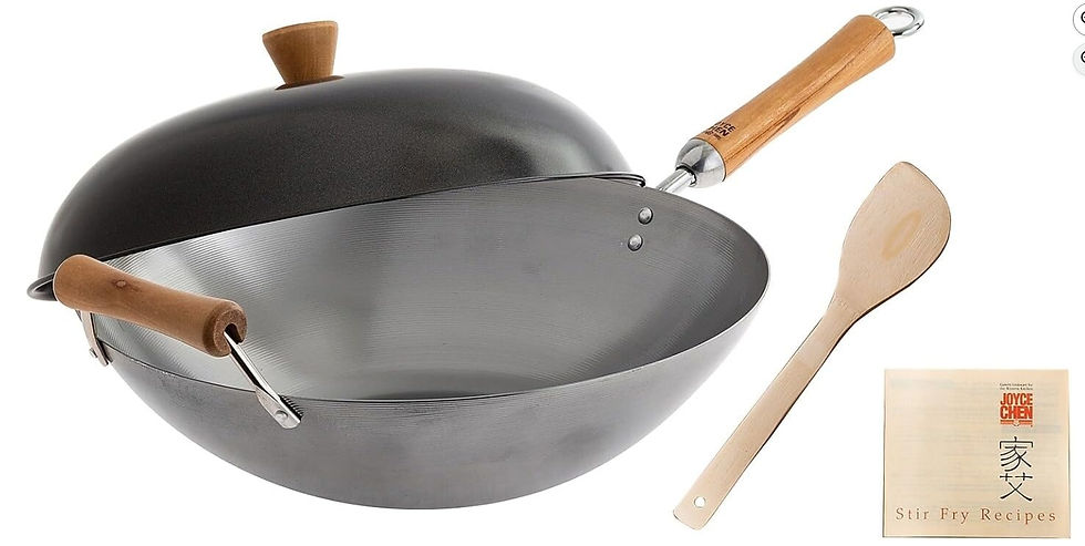 Thumbnail: 14-Inch Uncoated Carbon Steel Wok Set with Lid and Birch Handles, 4 Pieces