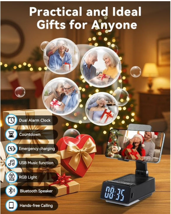Thumbnail: Cell Phone Stand with Wireless Bluetooth Speaker & Alarm Clock, & Charging Stand